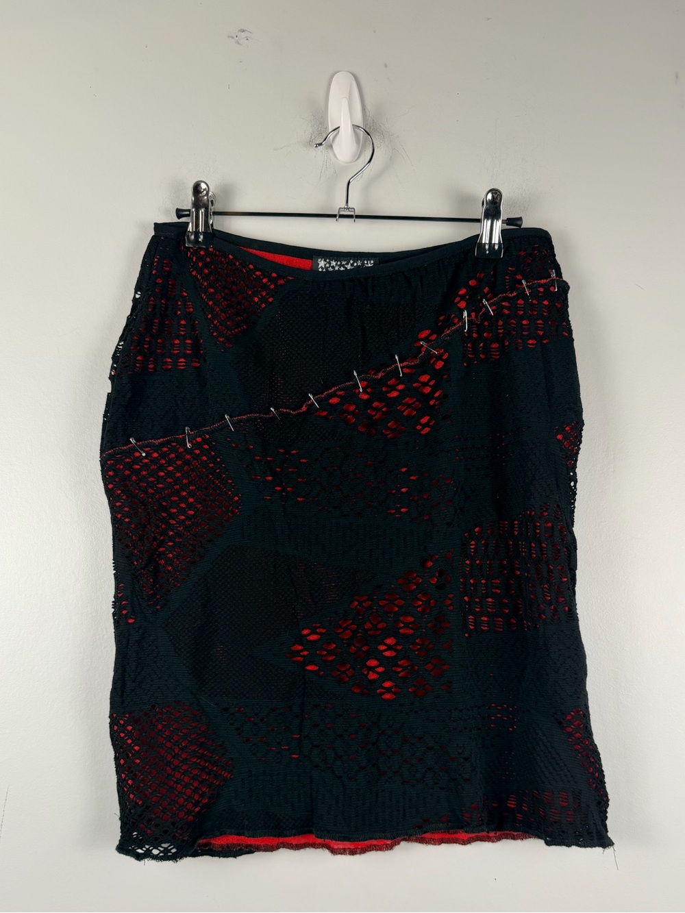 Vintage 90s Serious black red safety pin mesh skirt size medium READ